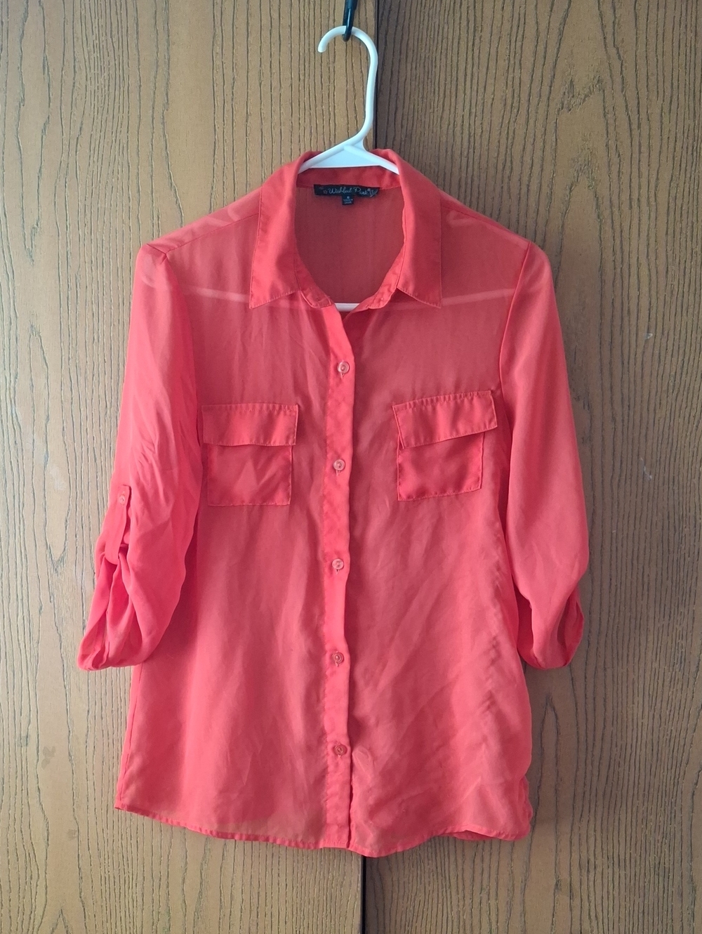 Button-Front Sheer Blouse in Coral Orange